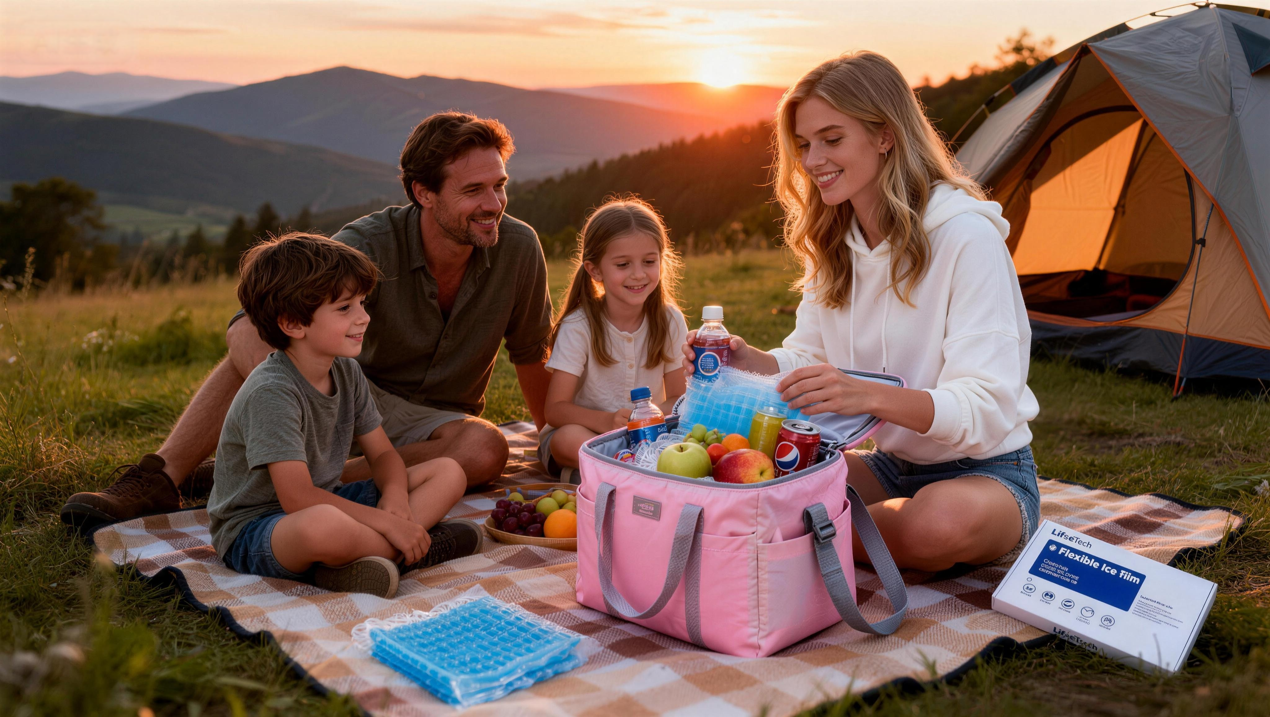 Family camping outdoors with LFRESHTECH ice packs